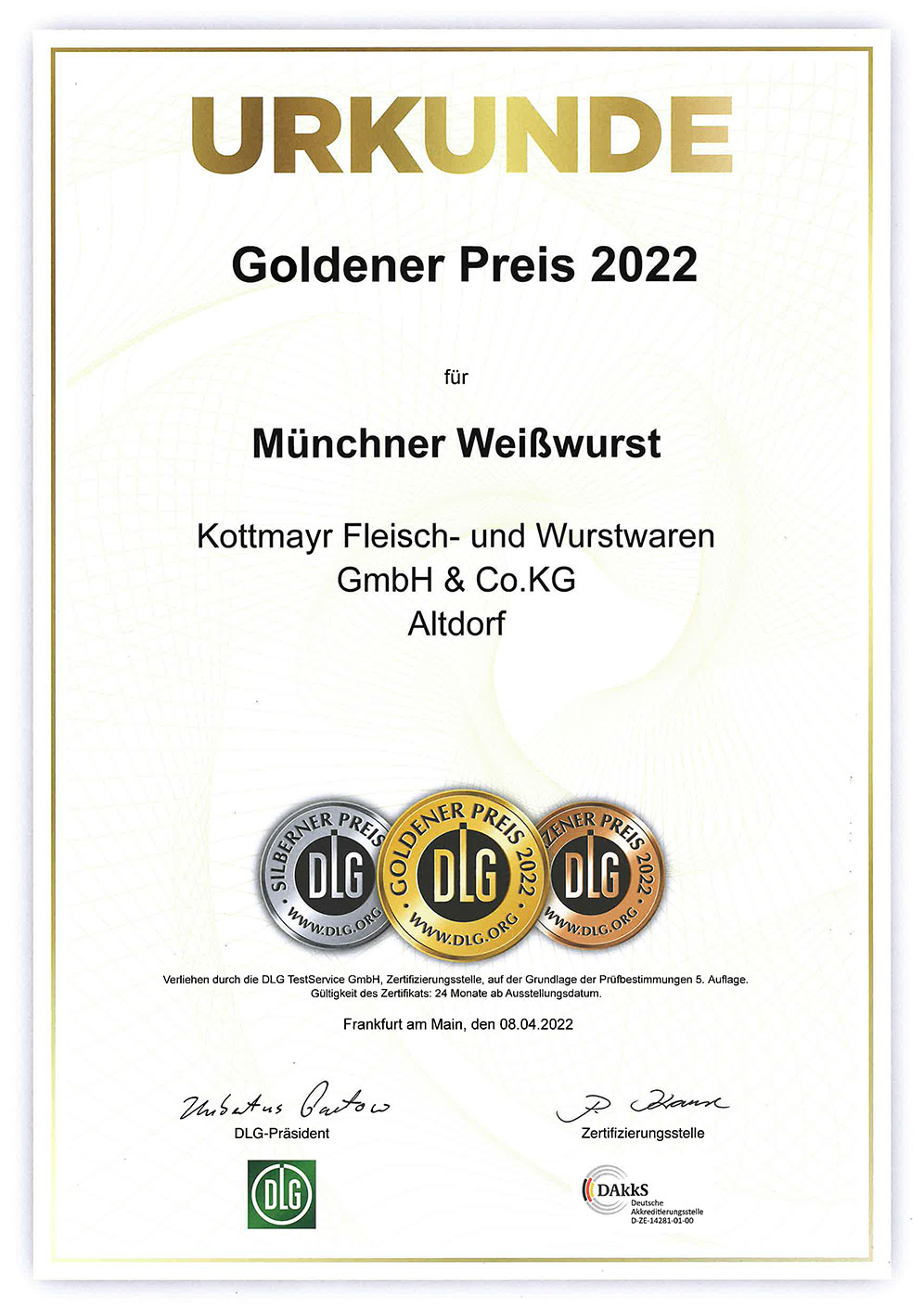 DLG Goldener Preis Münchner Weißwurst Kottmayr